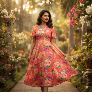 Coral Floral Rayon Midi Dress
