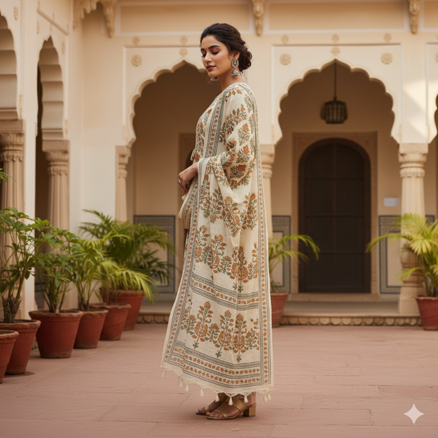 Cream Block Print Kurta Suit - Image 2