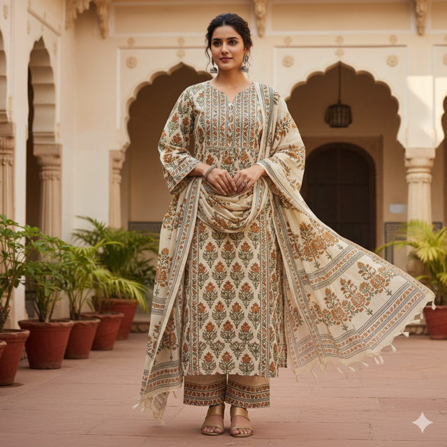 Cream Block Print Kurta Suit