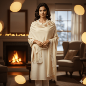 Cream Woollen Stole with Wool Lace