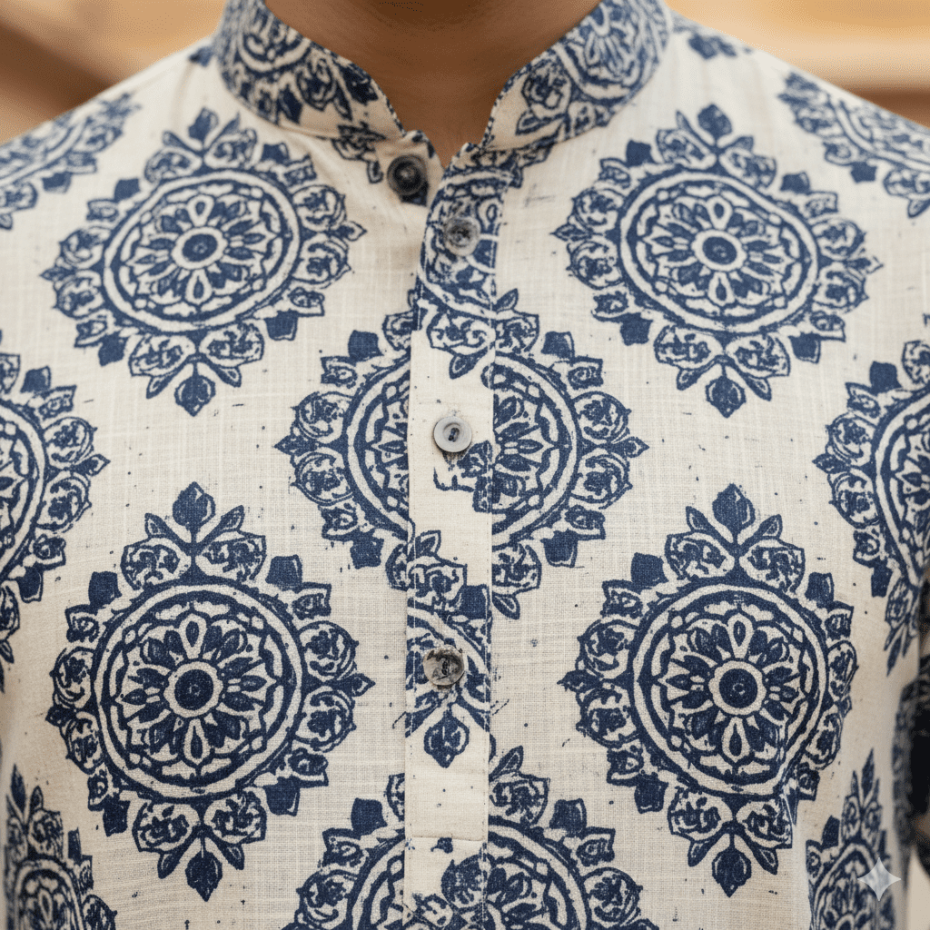 Men's Indigo Block Print Kurta - Image 4