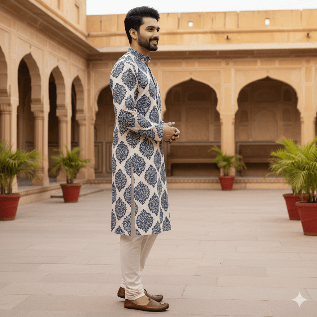 Men's Indigo Block Print Kurta - Image 3