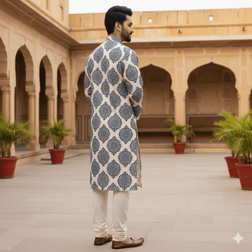 Men's Indigo Block Print Kurta - Image 2