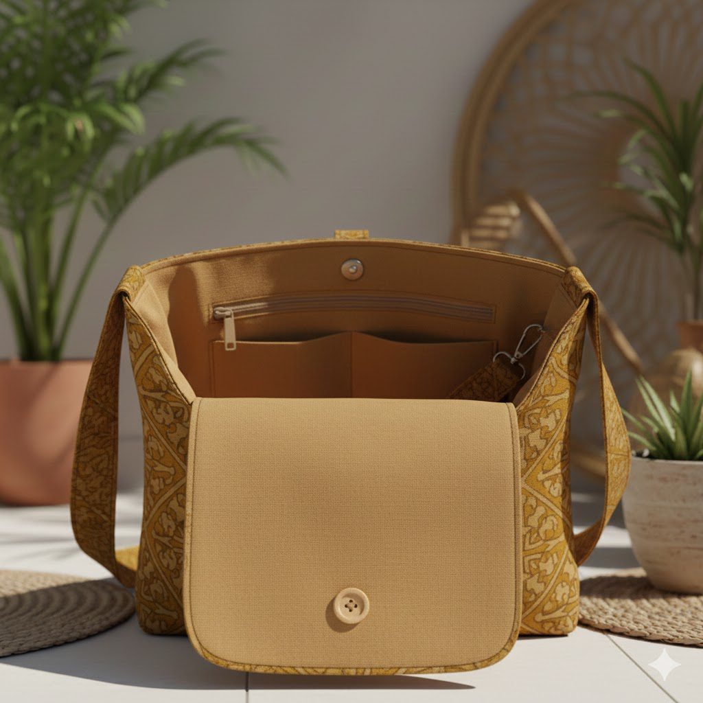 Woman's Block Print Sling Bag - Mustard - Image 3