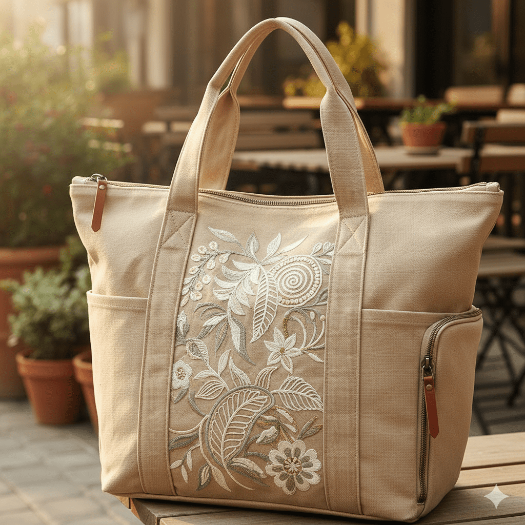 Woman's Canvas Tote with Embroidery - Beige - Image 2