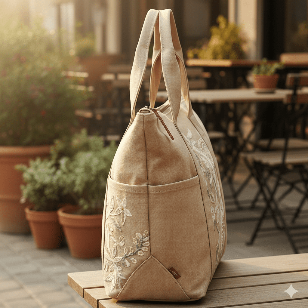 Woman's Canvas Tote with Embroidery - Beige - Image 3