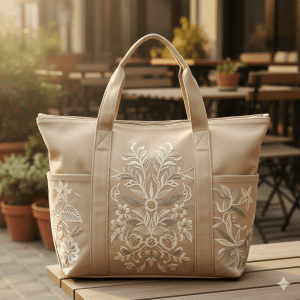 Woman's Canvas Tote with Embroidery - Beige