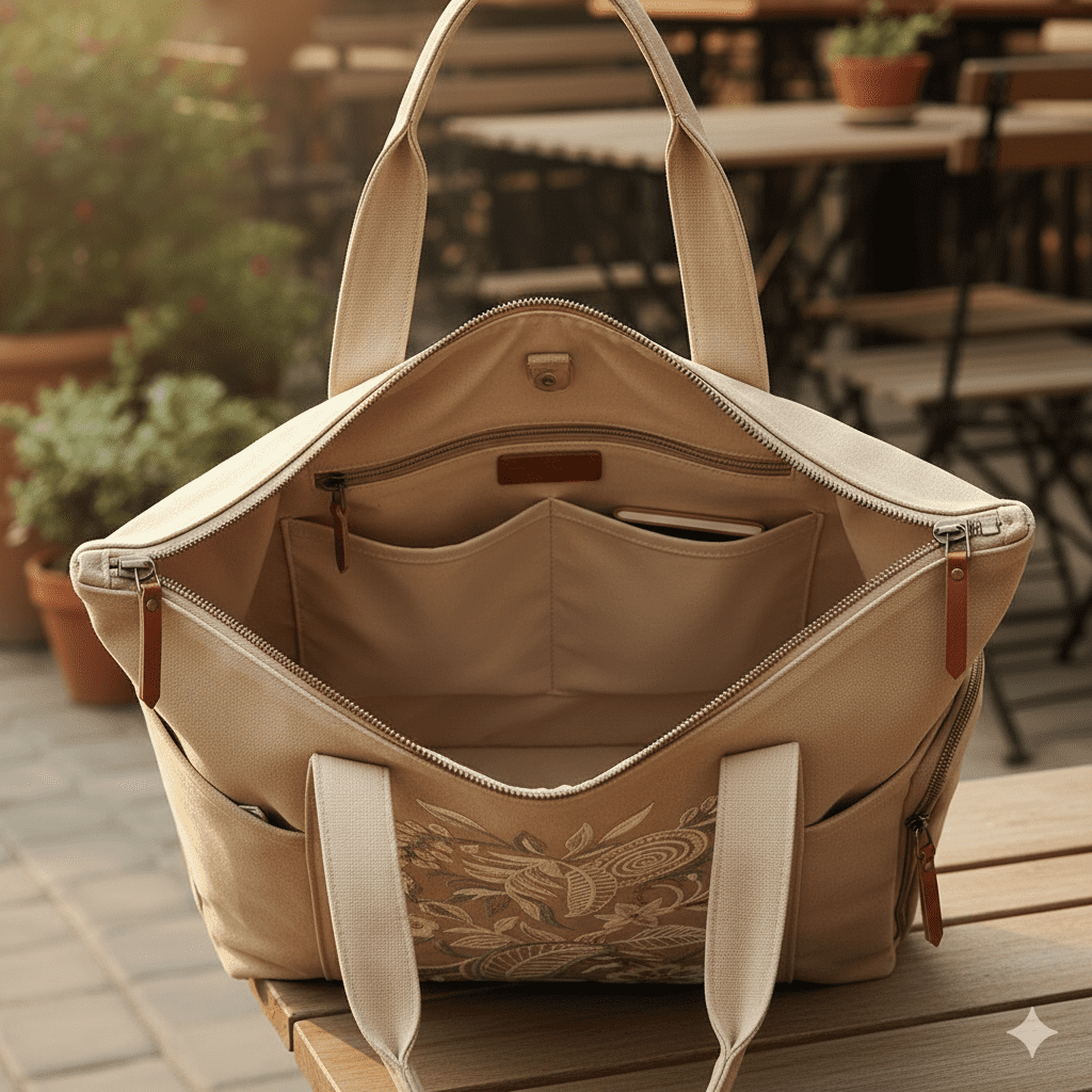 Woman's Canvas Tote with Embroidery - Beige - Image 4