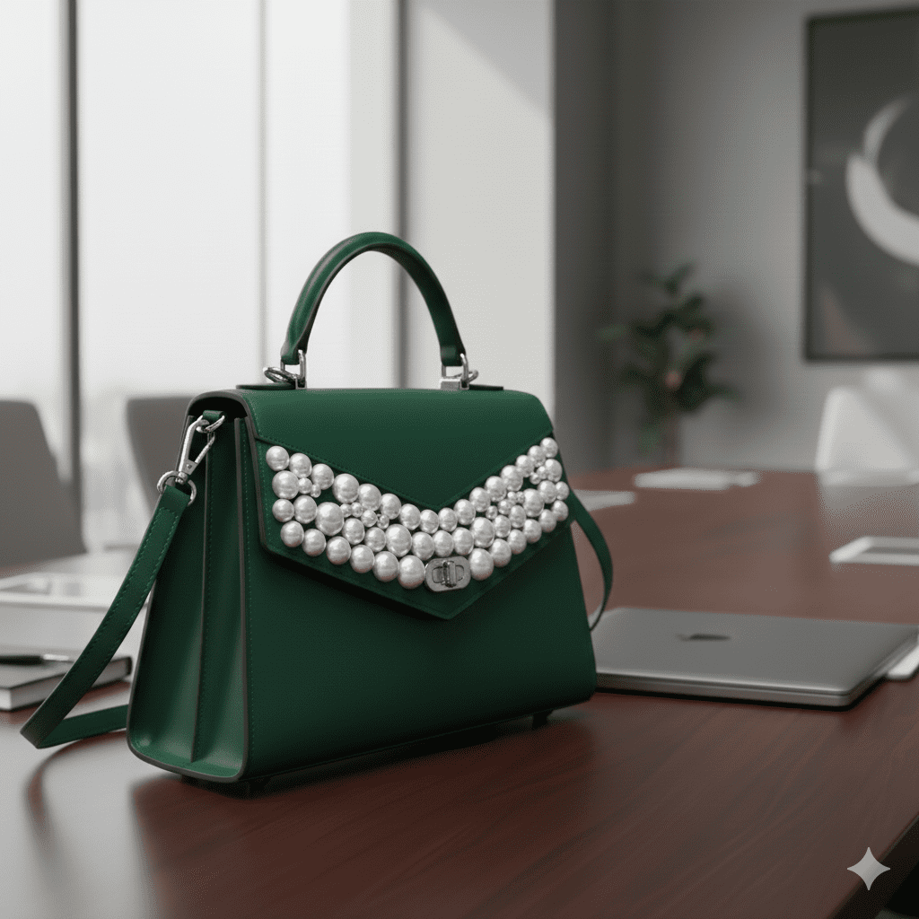 Woman's Embellished Structured Satchel - Green - Image 2