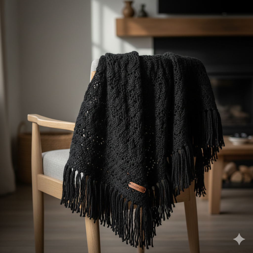 Unisex Hand Knit Shawl Black