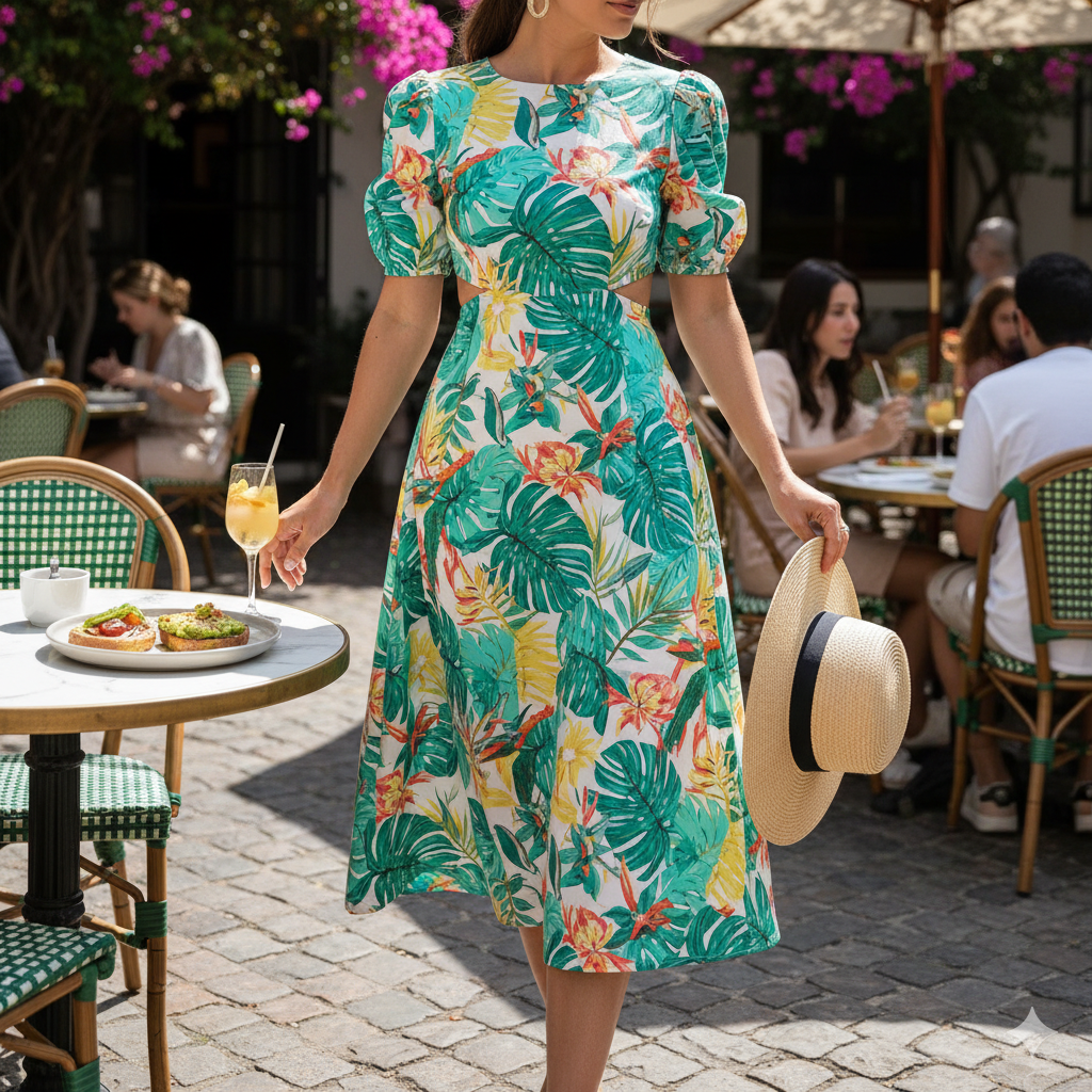 Women's Printed Cutout Midi Dress