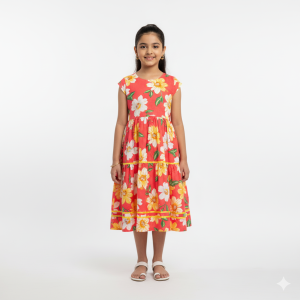 Coral Pink Floral Cotton Midi Dress