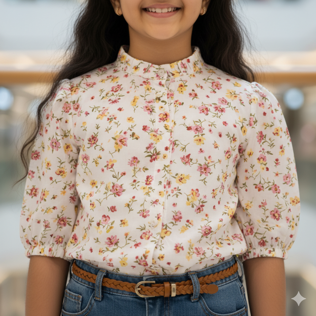 White cotton Floral Printed Blouse for Girls