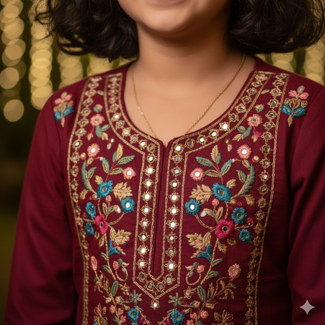 Maroon Embroidered Cotton Kurta - Image 2