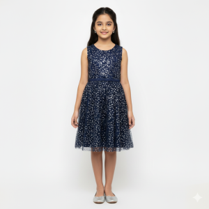 Midnight Blue Sequin Party Dress with Tulle
