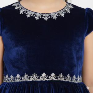 Navy Blue Velvet Party Dress with Hand Embroidered Details