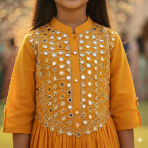 Yellow Cotton Mirror Work Kurta