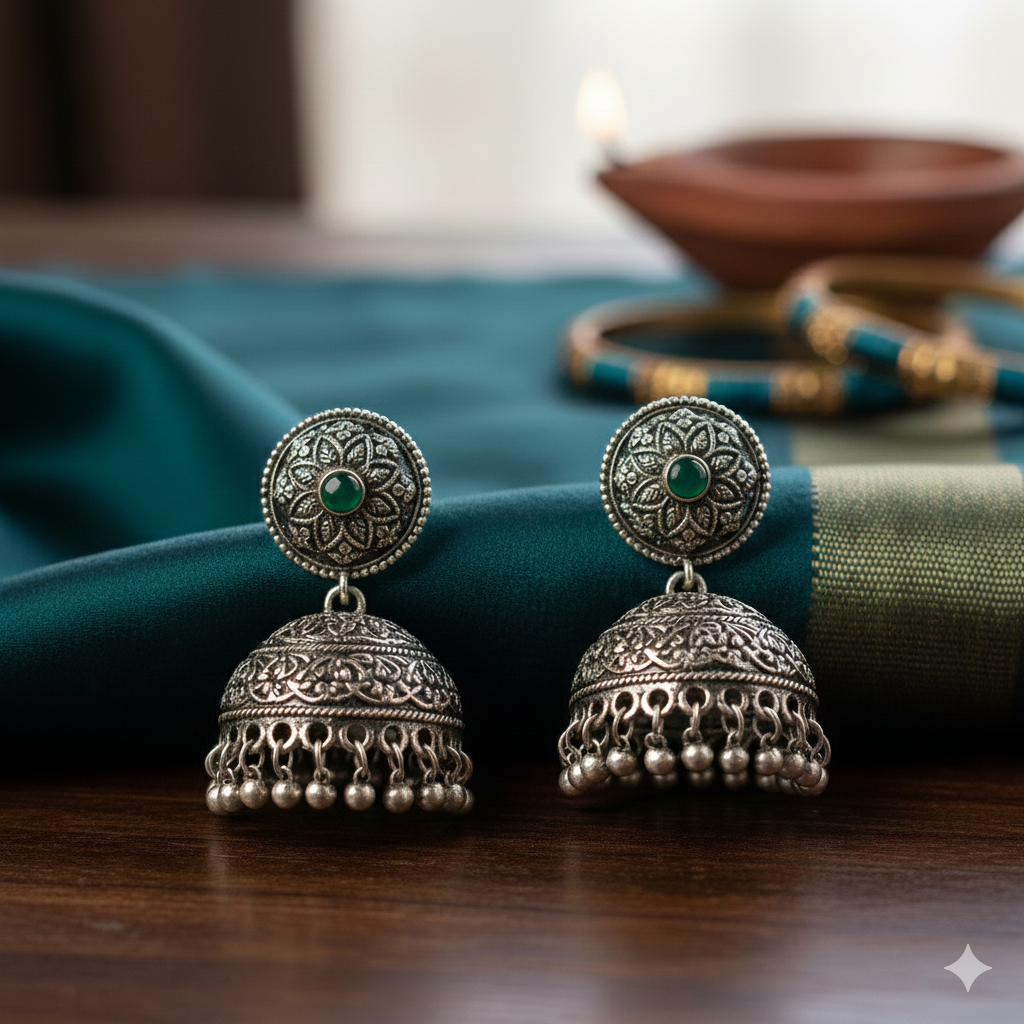 Woman's Hand-Crafted Jhumka Earrings Green