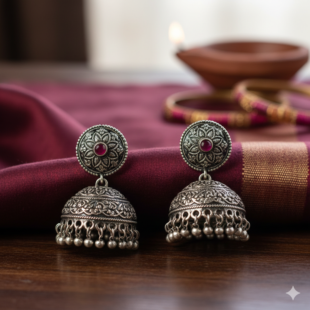 Woman's Hand-Crafted Jhumka Earrings Red
