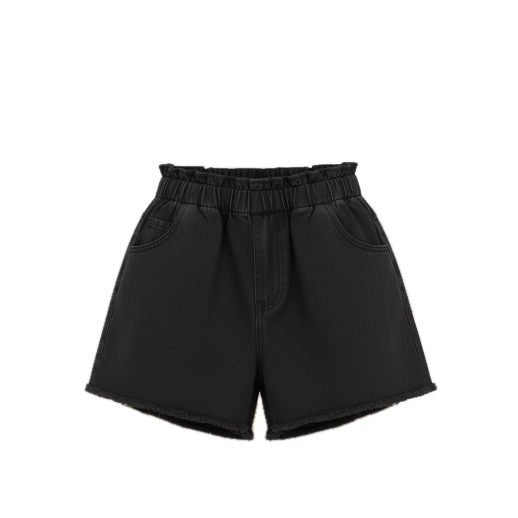 Black Denim Shorts with Frayed Hem