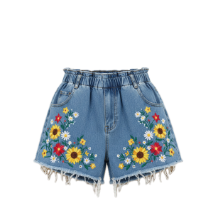 Denim Shorts with Flower Embroidery